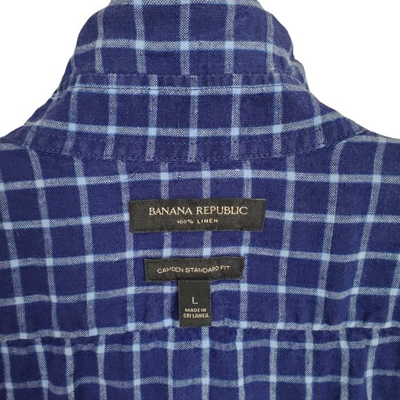 Banana Republic Mens Size L Shirt 100% Linen Camden Standard Fit Windowpane Blue - Picture 7 of 12
